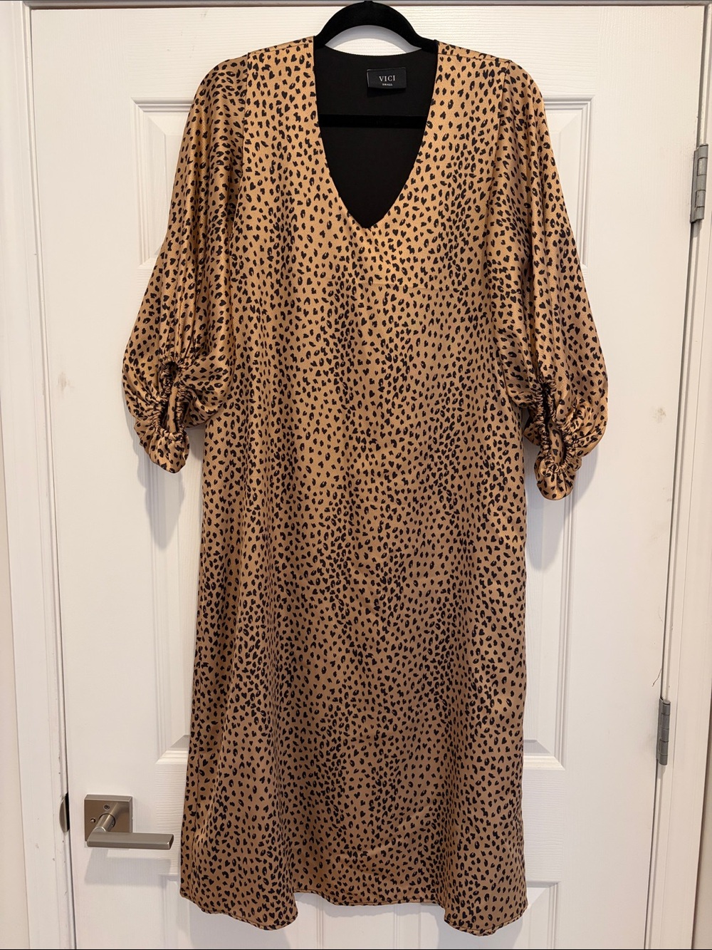 VICI Tan and Black Leopard-Print V-Neck Midi Dress